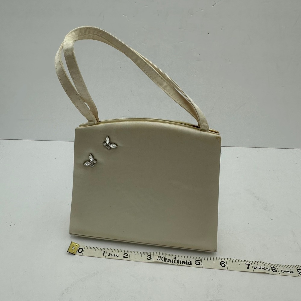 Womens Y2K Bridal Coquette Ivory Satin Butterfly Rhinestone Evening Bag Handbag